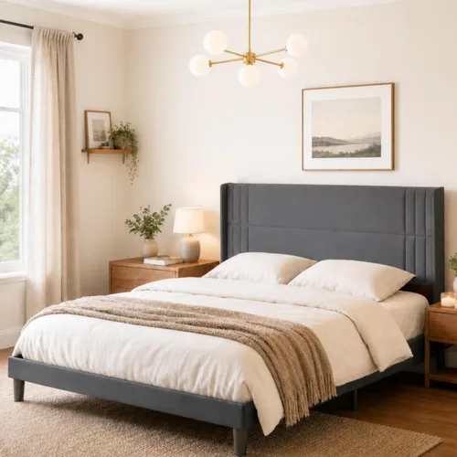 Miniatura 14 de Gizoon Base de cama matrimonial con cabecera de ala, plataforma tapizada con cabecera geométrica moderna, listones de madera, sin ruido, no necesita