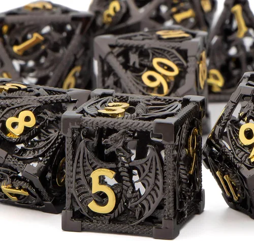 KERWELLSI Juego de dados huecos D&D con caja de regalo, 7 dados de metal poliédrico D y D para juegos de rol, dados de dragón de mazmorra D20 D12