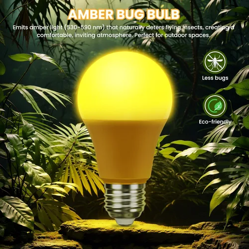 Miniatura 6 de Bombillas de luz amarilla anti-insectos A19 LED, base E26, 9W (equivalente a 60W), 2000K ámbar, uso en porche exterior, paquete de 2