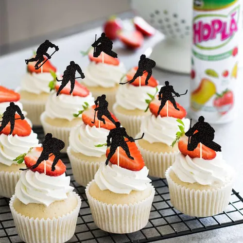 Miniatura 7 de 24 piezas de decoración de hockey para cupcakes, jugadores de hockey con purpurina negra, para cupcakes, hockey sobre hielo, temática deportiva