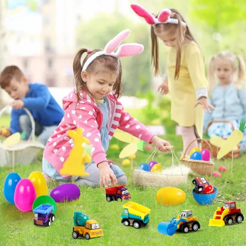 Miniatura 6 de ZenBombs - Paquete de 12 huevos de Pascua de plástico rellenos con vehículos de ingeniería extraíbles, juguetes de sitios de construcción, camiones