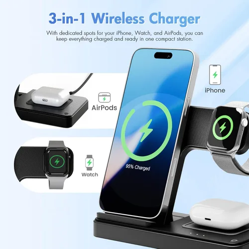 Miniatura 4 de Estación de carga inalámbrica para dispositivos Apple: 3 en 1 plegable Qi compacto soporte de carga compatible con fundas para iPhone 17-12 y Apple
