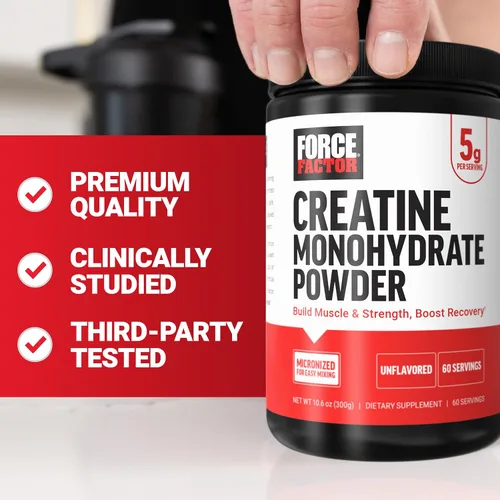 Miniatura 8 de Force Factor Polvo de Monohidrato de Creatina, Dosis de 5g Micronizada para Apoyar el Crecimiento Muscular, Fuerza, Recuperación, Salud Cognitiva