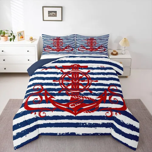 Miniatura 8 de Erosebridal Juego de edredón de ancla náutica, juego de ropa de cama con brújula oceánica, tamaño individual para niños, adolescentes y adultos