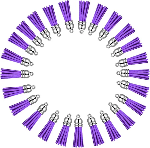 Miniatura 7 de Llavero con borlas de cuero con tapas blancas plateadas, dije de borla para hacer joyas, llavero, pulseras, anillos, manualidades, 30 unidades Negro