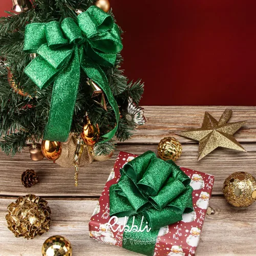 Miniatura 2 de Ribbli - Cinta con alambre de brillantina verde esmeralda, verde con borde metálico, cinta de Navidad para corona, decoración del árbol de Navidad