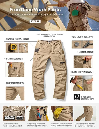 Miniatura 7 de CQR - Pantalones de trabajo Ripstop para hombres, pantalones tácticos repelentes al agua, para uso al aire libre, pantalones cargo rectos, EDC