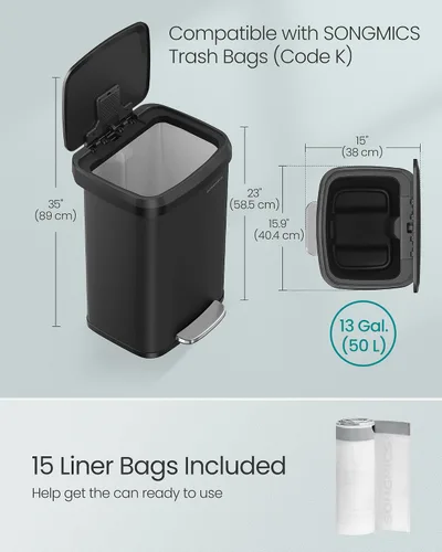Miniatura 4 de SONGMICS Cubo de basura para cocina, 13 galones (50 L) de acero inoxidable, con tapa que permanece abierta y pedal para pisar, cierre suave, alto