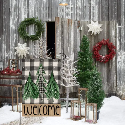 Miniatura 2 de Bandera de jardín de invierno con árboles de Navidad de bienvenida, 12 x 18 pulgadas, vertical, de doble cara, decoración navideña para patio