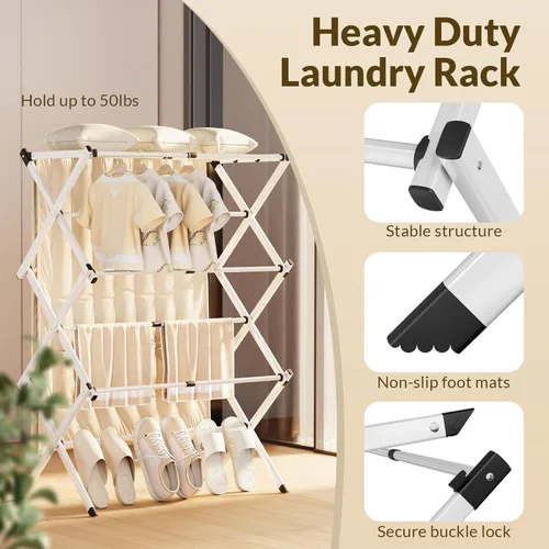 Miniatura 4 de Estante de secado de ropa, estante plegable expandible de metal resistente para secar al aire la ropa, estante portátil de 3 niveles para ropa