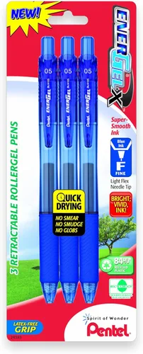 Pentel EnerGel-X - Lapicera de gel líquido retráctil, punta de 0,7 mm de metal, trazo medio, 3 unidades, Azul