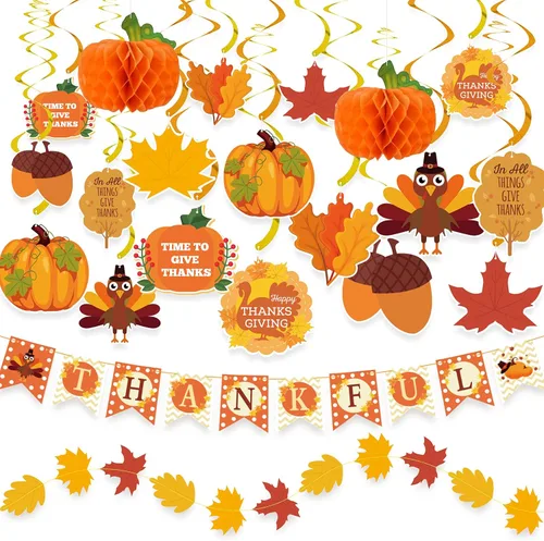 DAZONGE Juego de 40 decoraciones de Acción de Gracias, pancartas y guirnaldas premontadas de Acción de Gracias, decoraciones colgantes para el