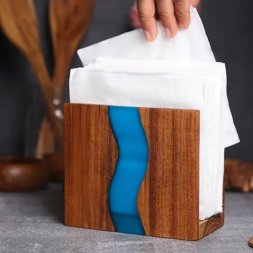 Miniatura 5 de Servilletero de madera de acacia y resina epoxi transparente para mesa, organización rústica de servilletas de granja para cocina, comedor