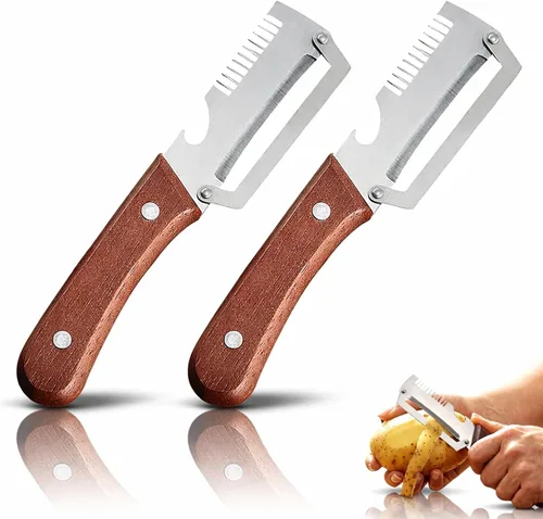 Pelador de verduras multifuncional, cuchillo pelador de frutas grueso de acero inoxidable multifunción 2026 Ktchen con mango de madera, 3-1, 3 PZAS