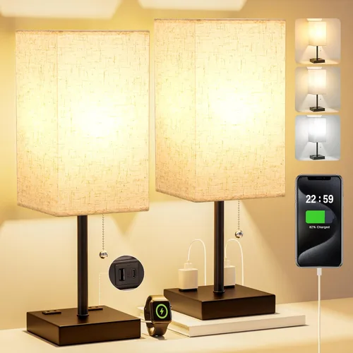 Miniatura 20 de Fenmzee Juego de 2 lámparas de noche para dormitorio, pequeña lámpara rectangular para mesita de noche con puerto de carga USB A C, luz