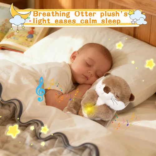 Miniatura 11 de LUKETURE Peluche de nutria respiratoria con movimiento rítmico, luz nocturna suave y ruido blanco, compañero de peluche calmante para relajación