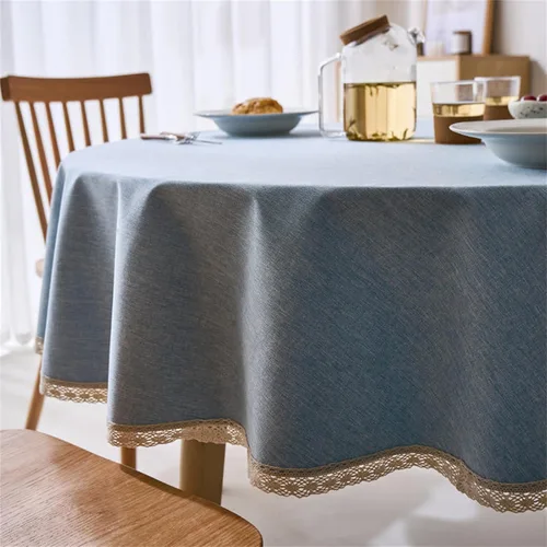 Miniatura 6 de Dimatic Mantel redondo con textura de lino con ribete de encaje, impermeable, a prueba de derrames, para decoración de mesa de cocina, comedor, Beige
