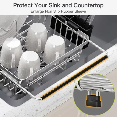 Miniatura 7 de JASIWAY - Escurridor extensible de acero inoxidable para usar sobre y dentro del fregadero, retráctil, con portautensilios, 13.1-16.6 pulgadas