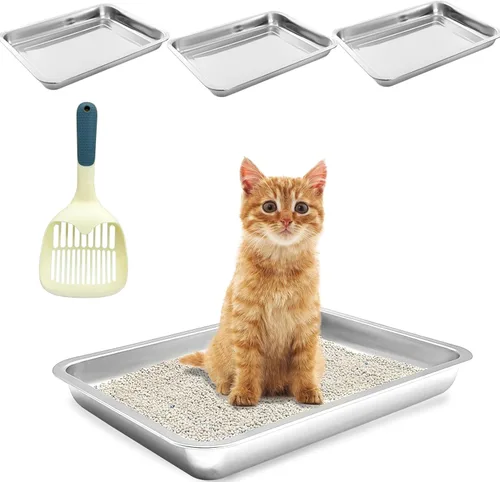 Miniatura 9 de BNOSDM 4 bandejas de arena de acero inoxidable para gatos de entrada baja, bandeja de arena de metal poco profunda, caja antiadherente para gatos