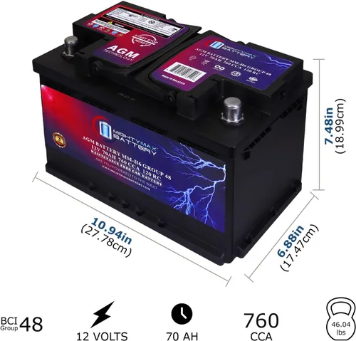Miniatura 2 de Batería Mighty Max Battery MM-H6 de Arranque y Parada para Automóvil BCI Grupo Tamaño 48 12V 70 AH, 120RC, 760 CCA Batería Recargable AGM