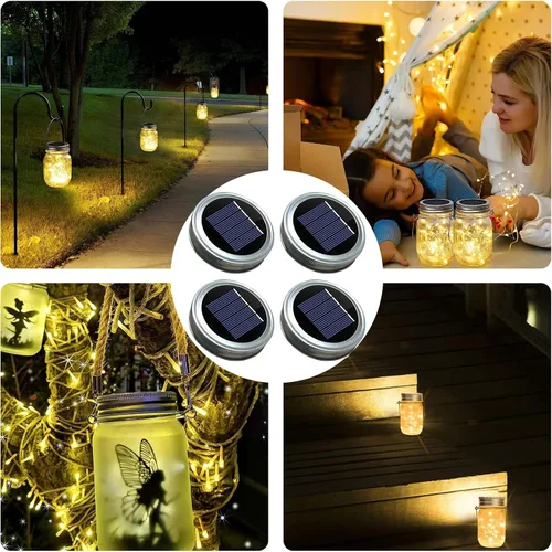 Miniatura 5 de Paquete de 2 tapas de luz solar para tarros de masón Luces solares impermeables con luces de hadas blancas cálidas, encendido/apagado automático