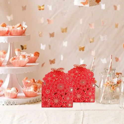Miniatura 6 de Kslong 50 cajas de dulces huecas con diseño de flores y mariposas, cajas de regalo para galletas, regalos románticos de boda, bonita caja de Rojo