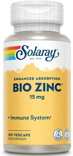 Solaray Bio Zinc 15 mg | Complejo triple de zinc para un sistema inmunológico saludable, apoyo endocrino y función celular | 100 VegCaps