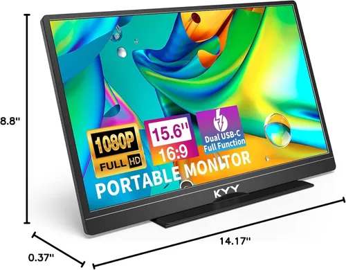 Miniatura 10 de KYY Monitor portátil de 15.6 pulgadas FHD 1080P USB-C HDMI con bolsa de cubierta inteligente y altavoces duales, pantalla externa de computadora