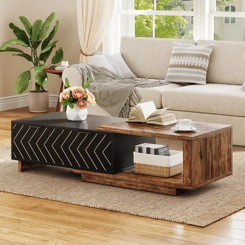 Miniatura 6 de LITTLE TREE Mesa auxiliar de madera expandible con 2 cajones, mesa central rectangular de granja que ahorra espacio, perfecta para sala de estar