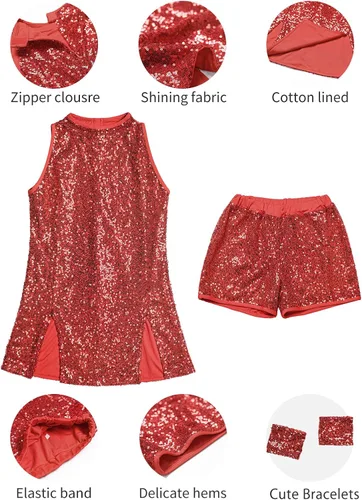 Miniatura 6 de LOLANTA Vestido de baile de lentejuelas para niñas de 4 a 12 años, traje de baile de hip hop, sin mangas y pantalones cortos