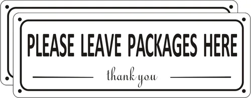Paquete de 2 letreros de metal con texto en inglés "Leave Packages Here", instrucciones de entrega del paquete, 10 x 3.5 pulgadas, aluminio, para