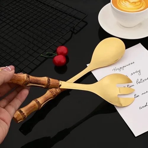 Miniatura 5 de JASHII Juego de cubiertos dorados de acero inoxidable 304, juego de cubiertos de 16 piezas con mango de bambú, servicio para 2, con 1 cuchara