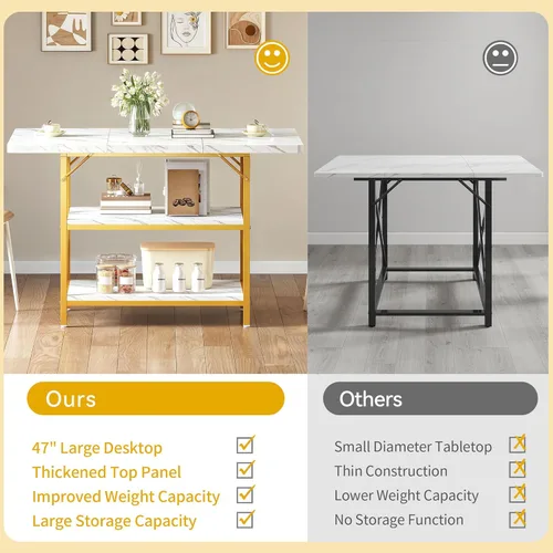 Miniatura 6 de DWVO Mesa de comedor rectangular de 47 pulgadas para 4 personas, mesa de cocina moderna de mármol blanco con estante de almacenamiento y patas