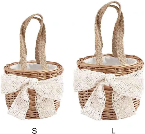 Miniatura 4 de Cestas de flores para niñas, 2 paquetes de cestas de flores tejidas rústicas portátiles para niños, cestas de mimbre hechas a mano de 5.1 pulgadas