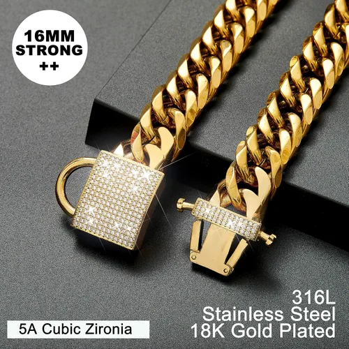 Miniatura 6 de PRADOG Collar de perro con cadena de oro con cierre de circonita, acero inoxidable de 18 quilates, collar de metal resistente para cachorros, collar