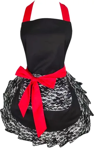 Delantal coqueto de encaje negro con bolsillo, divertido delantal retro sexy de cocina para mujeres y niñas