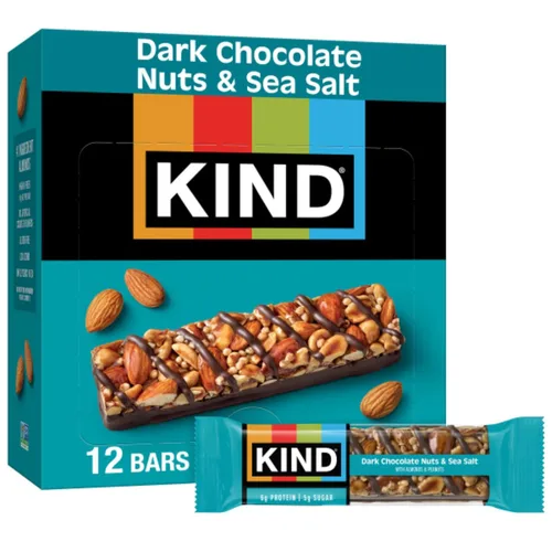 KIND Barras de nueces, chocolate negro y sal marina, aperitivos saludables, sin gluten, bajas en azúcar, 0.21 onzas de proteína, 12 unidades