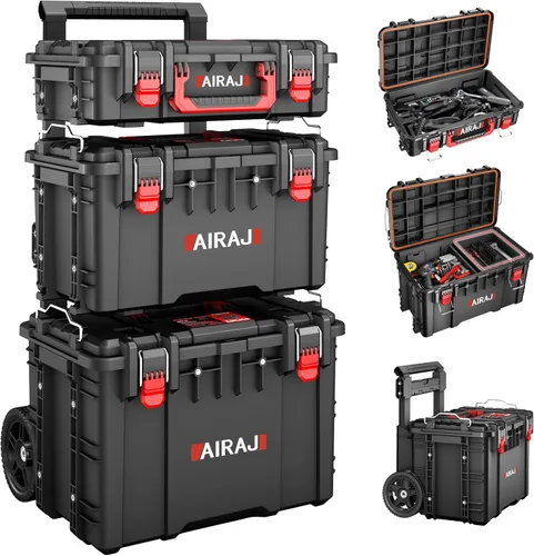 Caja de herramientas portátil con ruedas de alta resistencia, organizador de caja de herramientas apilable modular, caja de herramientas impermeable