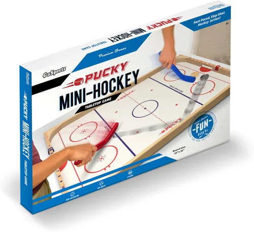 Miniatura 7 de GoSports Hockey Ice Pucky - Juego de hockey de mesa de madera para niños y adultos - Incluye 1 tablero de juego, 2 palos de hockey y 3 discos