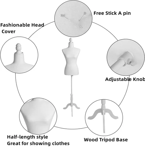 Miniatura 3 de Maniquí femenino con torso de vestido con soporte de trípode de madera, altura ajustable de 55 a 67 pulgadas, cuerpo de maniquí para costura