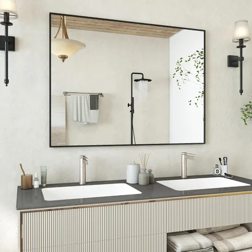 Espejo rectangular para pared de baño de 48x36 pulgadas con marco de metal negro, espejo de tocador antióxido y decorativo, espejo de granja para