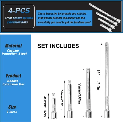 Miniatura 2 de Rongon Juego de 4 extensiones de enchufe de unidad de 4 piezas, barra de extensión de 1/4 de pulgada, 2 pulgadas/1.969 in, 3 pulgadas/2.953 in, 4