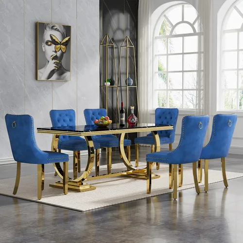 Miniatura 22 de HomVent Juego de mesa de comedor moderna de mármol sintético para 4 personas, mesa de cocina rectangular con 4 sillas beige (dorado)