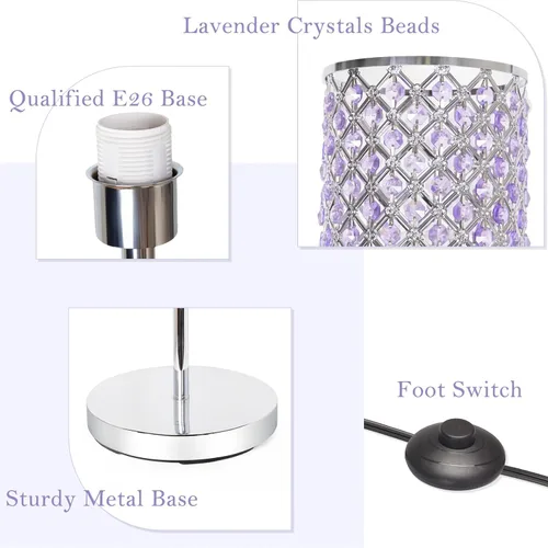 Miniatura 4 de Lámpara de pie para dormitorio, lámpara de pie de cristal lavanda con pantalla glamurosa, lámpara de pie elegante con interruptor de pie