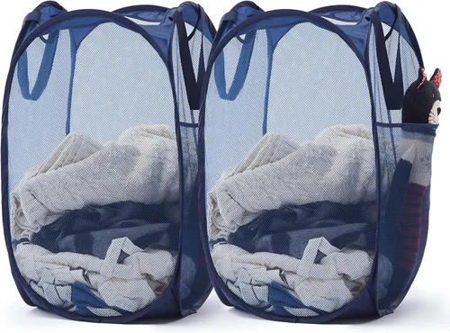 Miniatura 18 de TECHMILLY Cesta plegable de malla para la ropa sucia con asas resistentes y bolsillo lateral, cestas plegables portátiles para ropa para dormitorio