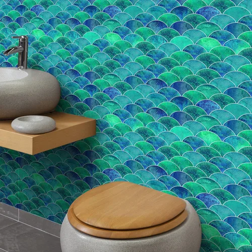 Miniatura 4 de Hyun-chae - 6 calcomanías de escamas de peces de 12 x 12 pulgadas, color azul, removibles, impermeables, autoadhesivas, para cocina, muebles de baño