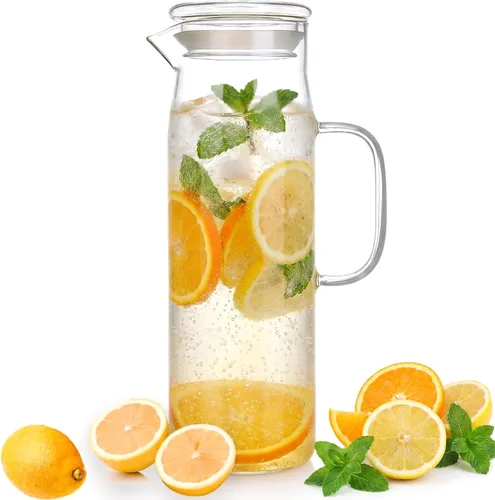 Miniatura 7 de hjn Jarra de vidrio con tapa, jarra de agua de vidrio con asa, jarra de agua para refrigerador, bebidas frías o calientes, té helado, leche, jugo