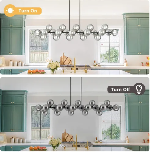 Miniatura 5 de Candelabro lineal negro Sputnik de 70 pulgadas, lámpara de comedor con 22 luces, globo de vidrio, lámpara lineal ahumada para granja, sala de estar