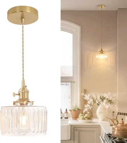 Shenmoyl Lámpara colgante con pantalla de vidrio transparente a rayas, luz colgante vintage de latón, luz colgante ajustable para cocina, isla,