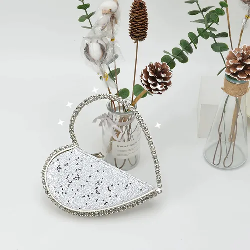 Miniatura 3 de Mini corazón forma redonda Rhinestone embrague bolso bolso marco diamante brillo lentejuelas brillantes bolso de noche boda fiesta